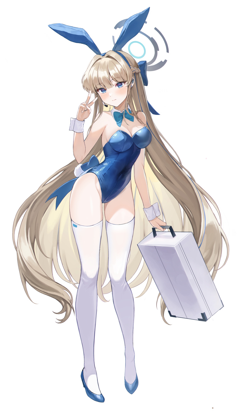 1girl absurdres animal_ears bare_shoulders blonde_hair blue_archive blue_bow blue_eyes blue_hairband blue_leotard bow bowtie braid breasts briefcase closed_mouth detached_collar earpiece fake_animal_ears full_body hairband halo highleg highleg_leotard highres holding holding_briefcase leotard long_hair microphone mopinapiki official_alternate_costume official_alternate_hairstyle playboy_bunny rabbit_ears rabbit_tail simple_background solo tail thighhighs thighs toki_(blue_archive) toki_(bunny)_(blue_archive) v very_long_hair white_background white_thighhighs wrist_cuffs