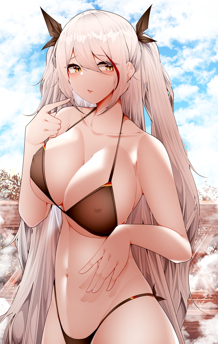 1girl absurdres azur_lane bikini black_bikini breasts cleavage covered_nipples flag_print german_flag german_flag_bikini highres large_breasts long_hair multicolored_hair official_alternate_costume prinz_eugen_(azur_lane) prinz_eugen_(unfading_smile)_(azur_lane) red_hair samip side-tie_bikini_bottom streaked_hair swimsuit two-tone_hair very_long_hair white_hair