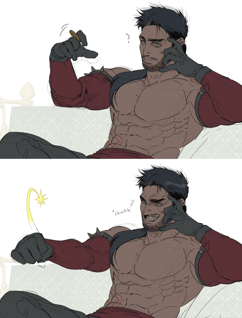 1boy abs alternate_hairstyle bara black_gloves black_hair black_pants clenched_hand closed_mouth detached_sleeves draven facial_hair gloves highres large_pectorals league_of_legends mag_cora_imparo male_focus muscular muscular_male pants pectorals short_hair sitting smile solo teeth
