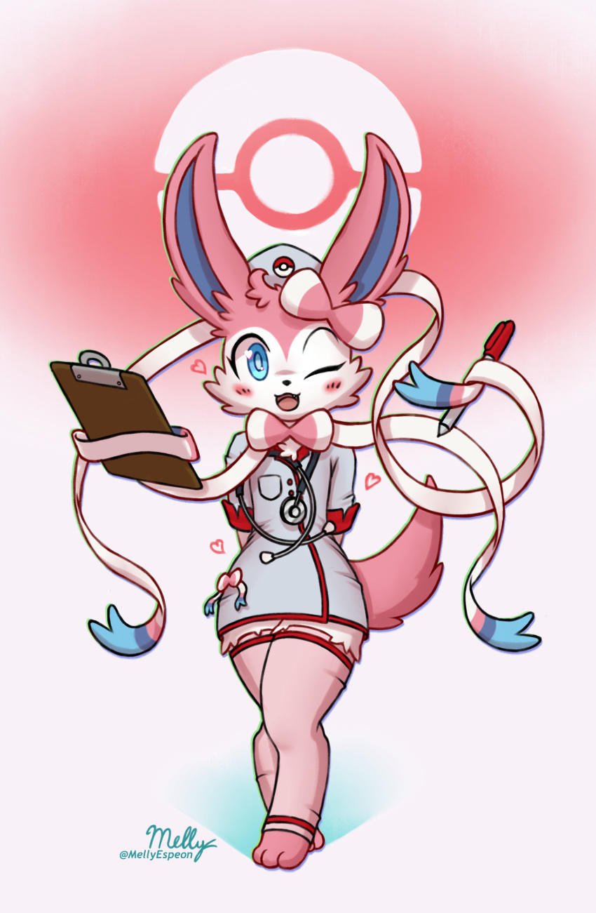 absurd_res ambiguous_gender anthro clothing eeveelution fur generation_6_pokemon girly hi_res legwear mellyespeon nintendo nurse nurse_clothing nurse_uniform pink_body pink_fur pokemon pokemon_(species) ribbons smile solo stockings sylveon uniform