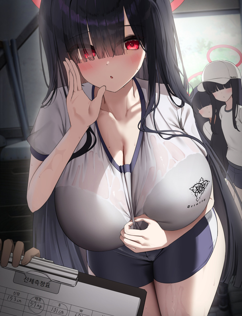 3girls absurdres black_hair blue_archive blush bra_visible_through_clothes breasts cleavage collarbone curvy halo highres huge_breasts indoors justice_task_force_member_(blue_archive) long_hair multiple_girls nicorima red_eyes see-through shirt shorts sportswear sweat thick_thighs thighs white_shirt