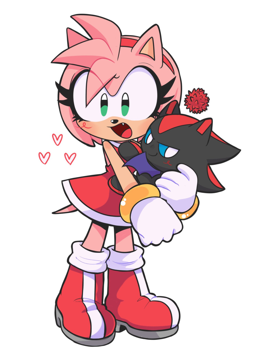 &lt;3 2023 amy_rose anthro blue_eyes blush boots carrying_another chao_(sonic) character_chao clothing duo eulipotyphlan female footwear gloves green_eyes handwear heartludwig hedgehog hi_res male mammal open_mouth open_smile sega shadow_chao simple_background smile sonic_the_hedgehog_(series) white_background wings