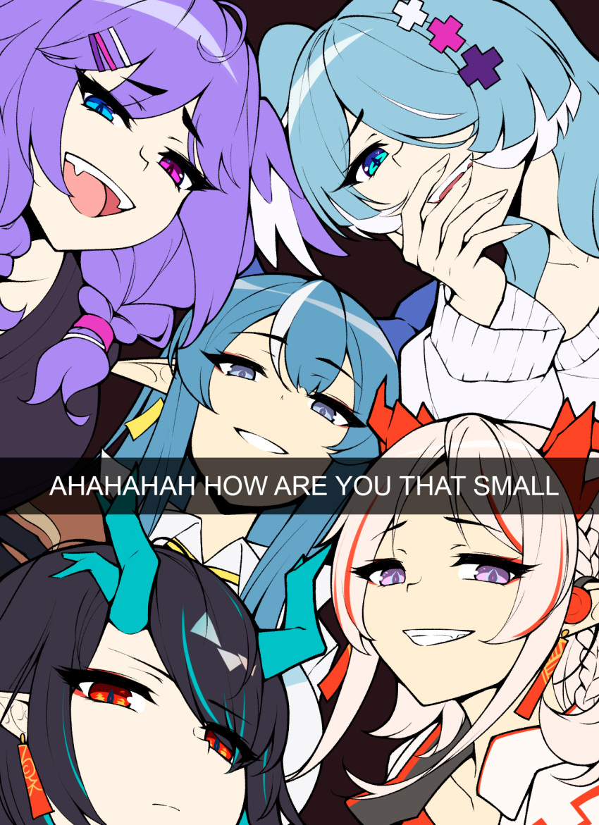 5girls :d arknights black_hair blue_eyes braid commentary crossover crown_braid dragon_girl dragon_horns dusk_(arknights) earrings elira_pendora english_commentary english_text eyes_visible_through_hair fangs grin hair_ornament hair_over_one_eye hairclip head_wings heterochromia highres horns jewelry ling_(arknights) long_hair long_pointy_ears looking_at_viewer multicolored_hair multiple_girls nian_(arknights) open_mouth pointy_ears purple_eyes purple_hair red_eyes red_hair ricegnat selen_tatsuki smile streaked_hair tassel tassel_earrings trait_connection two-tone_hair white_hair wings