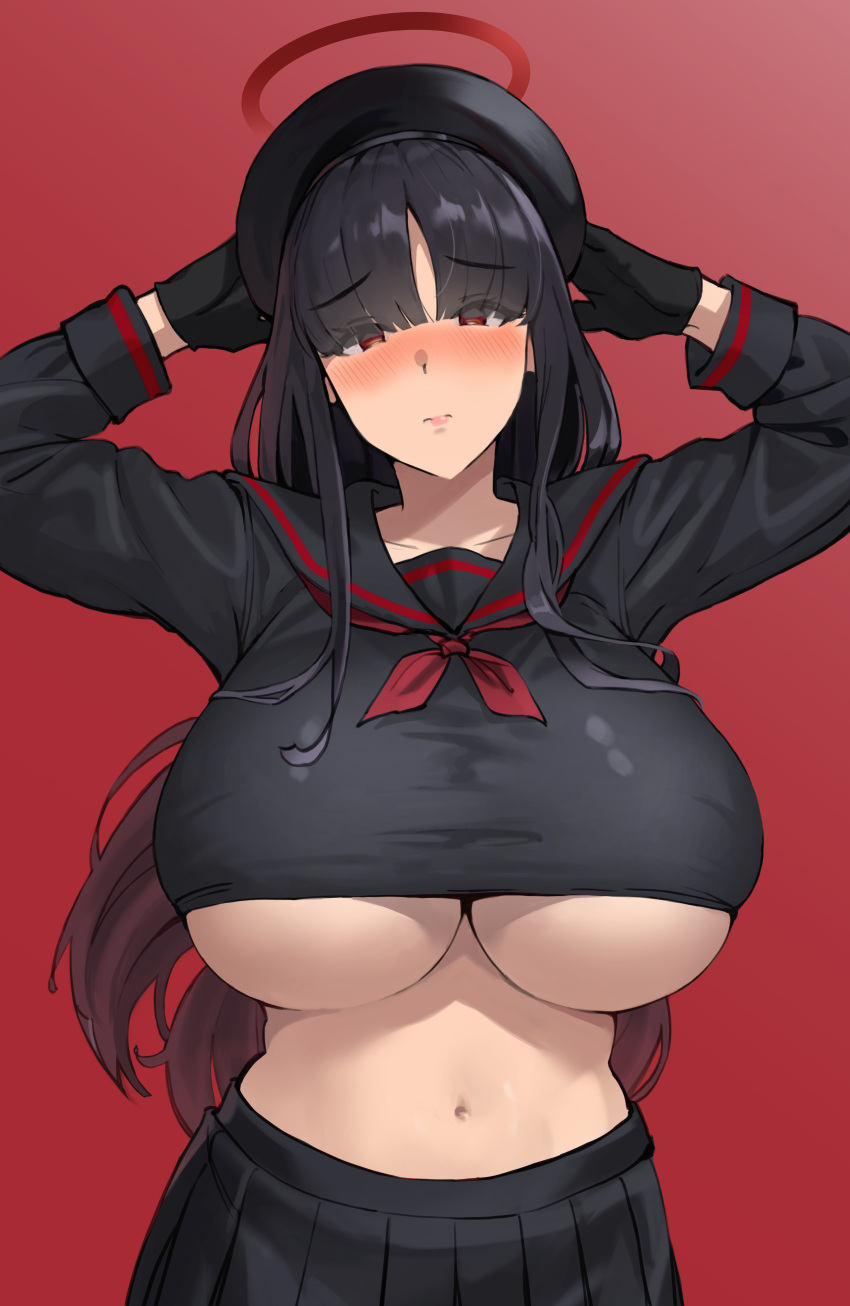 1girl 9eep absurdres alternate_breast_size alternate_height arms_up beret black_gloves black_hair black_headwear black_serafuku blue_archive blush breasts collarbone gloves halo hat highres huge_breasts justice_task_force_member_(blue_archive) long_hair looking_at_viewer navel neckerchief nose_blush pleated_skirt red_background red_eyes red_halo red_neckerchief school_uniform serafuku simple_background skirt solo stomach underboob undersized_breast_cup very_long_hair