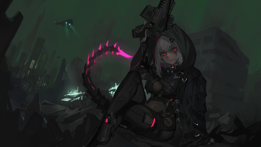 aircraft assault_rifle belt black_bodysuit black_cloak bodysuit breasts building city cloak covered_navel crossed_legs feet_out_of_frame gun hair_ornament hairclip highres holding holding_weapon indie_virtual_youtuber large_breasts long_hair mechanical_tail night outdoors paintrfiend red_eyes rifle ruins saruei_(vtuber) scar scar_across_eye science_fiction sitting skyscraper spotlight tail trigger_discipline weapon white_hair