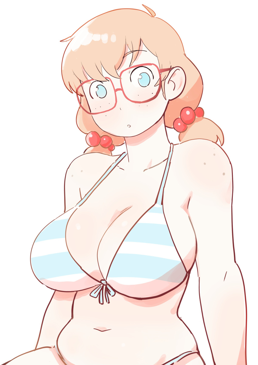 1girl absurdres ahoge arms_at_sides bare_shoulders bikini blue_bikini blue_eyes body_freckles breasts cleavage collarbone colo_(nagrolaz) commentary english_commentary freckles front-tie_bikini_top front-tie_top glasses hair_bobbles hair_ornament halterneck highres large_breasts light_blush long_hair looking_at_viewer low_twintails navel no_pupils open_mouth orange_hair red-framed_eyewear rita_(sweethex) simple_background sitting solo straight_hair striped striped_bikini sweethex swimsuit twintails two-tone_bikini upper_body white_background white_bikini