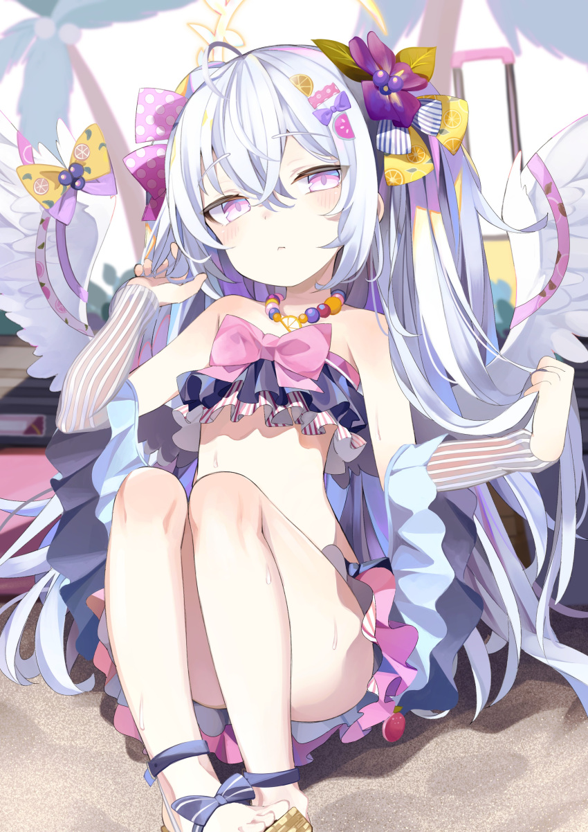 1girl absurdres ahoge angel_wings azusa_(blue_archive) azusa_(swimsuit)_(blue_archive) bead_necklace beads bikini blue_archive flat_chest flower frilled_bikini frills hair_between_eyes hair_flower hair_ornament halo highres jewelry long_hair looking_at_viewer low_wings necklace official_alternate_costume pink_eyes purple_eyes ribbon rotroto sandals solo strapless strapless_bikini swimsuit white_hair white_wings wings