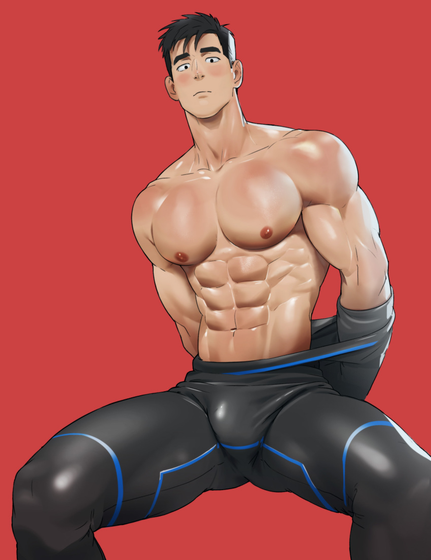 1boy abs absurdres bara black_bodysuit black_hair blush bodysuit bodysuit_pull bulge closed_mouth highres large_pectorals looking_at_viewer male_focus muscular muscular_male naoki_(xhju8282) navel nipples original pectorals red_background short_hair simple_background solo