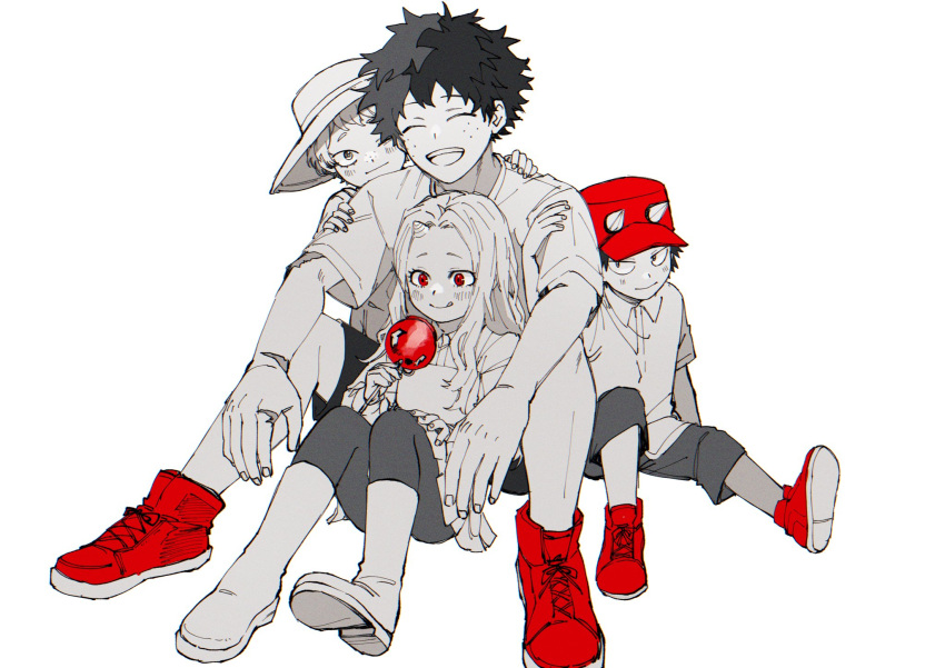 1girl 3boys blush boku_no_hero_academia boots candy_apple closed_eyes collared_shirt eri_(boku_no_hero_academia) food freckles greyscale hat highres holding holding_food horns izumi_kouta long_hair midoriya_izuku monochrome multiple_boys nishino_(fetv8484) on_ground pantyhose red_eyes red_footwear red_headwear scar scar_on_arm shimano_katsuma shirt shoes short_hair single_horn sitting skirt sneakers spot_color sun_hat