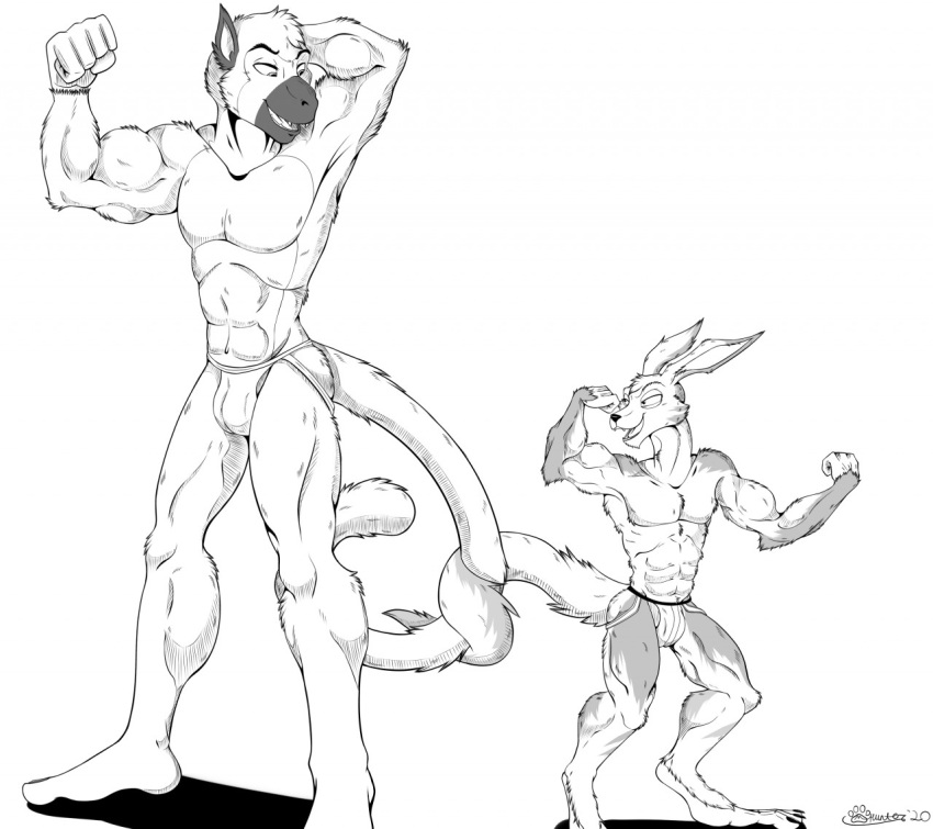 2020 abs anthro clothed clothing duo entwined_tails eye_contact fan_character flexing flexing_bicep fur half-closed_eyes haplorhine jockstrap jockstrap_only looking_at_another male mammal marcushunter monkey muscular muscular_anthro muscular_male narrowed_eyes pose primate radarr signature size_difference storm_hawks tail tail_coil topless underwear underwear_only
