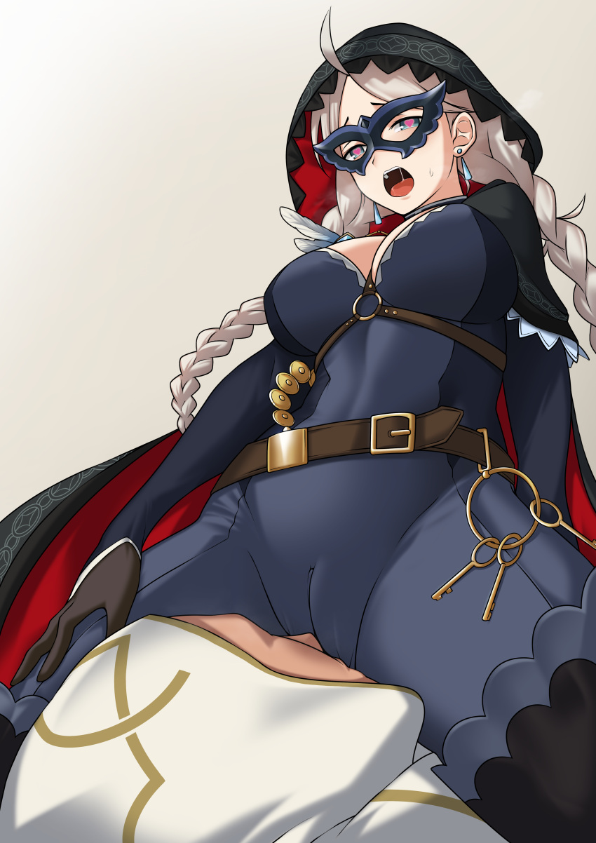 absurdres ahoge bbk_(13zk) belt blue_eyes braid breasts cameltoe cape commission commissioner_upload couple crystal_earrings cunnilingus cunnilingus_through_clothes earrings eye_mask feathers fire_emblem fire_emblem_fates fire_emblem_heroes gloves harness heart heart-shaped_pupils hetero highres hood hood_up hooded_cape jewelry key keyring kiran_(fire_emblem) kiran_(male)_(fire_emblem) low_twin_braids medium_breasts nina_(fire_emblem) nina_(thief)_(fire_emblem) non-web_source o-ring open_mouth oral parted_bangs symbol-shaped_pupils thighhighs twin_braids white_hair