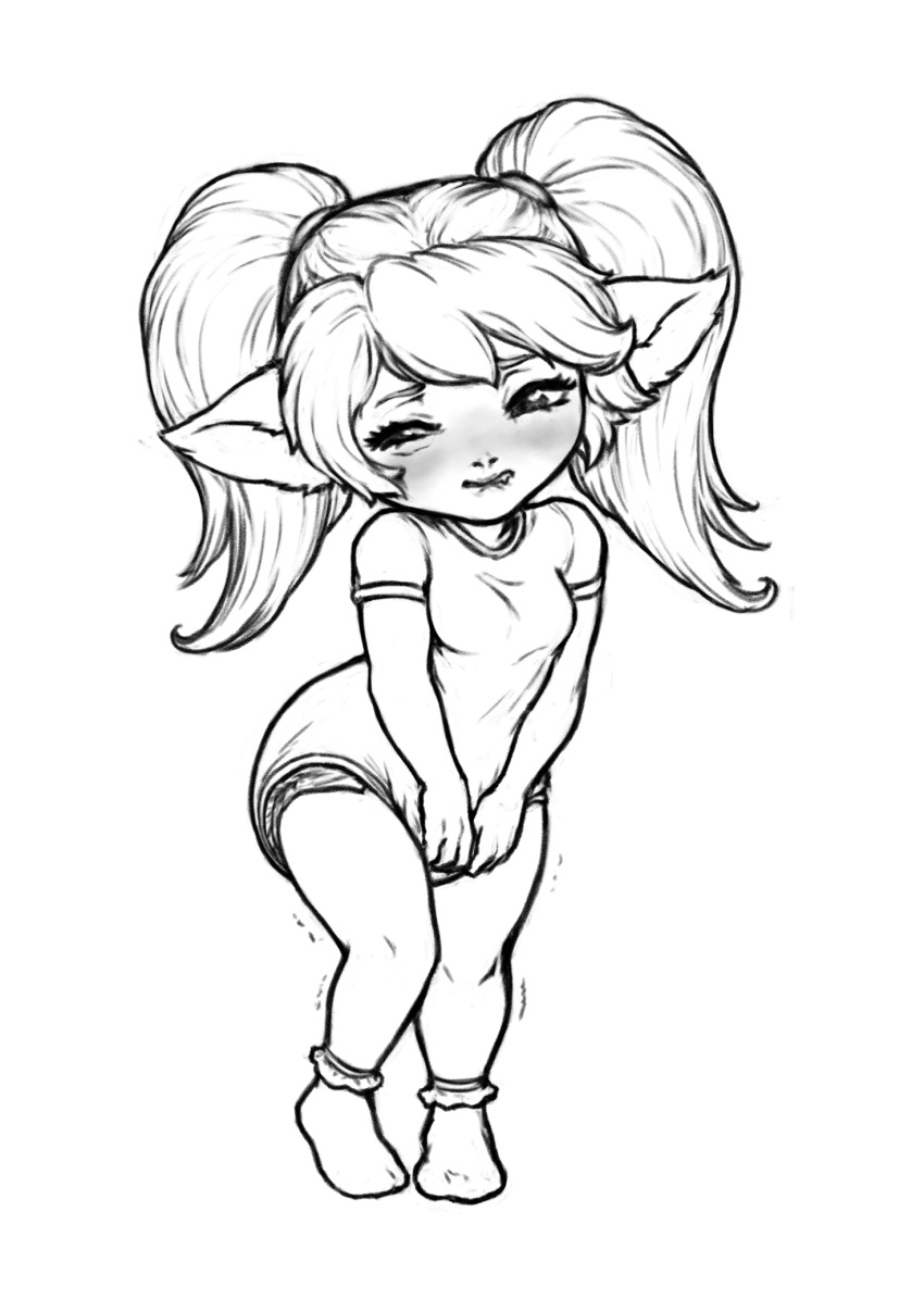 animal_humanoid bite biting_lip blush clothing desperation diaper diaper_under_clothing female floofnfluff footwear frilly_socks hi_res holding_crotch humanoid humanoid_pointy_ears infantilism league_of_legends looking_offscreen monochrome one_leg_up onesie pigtails poppy_(lol) raised_leg riot_games shaking socks standing yordle