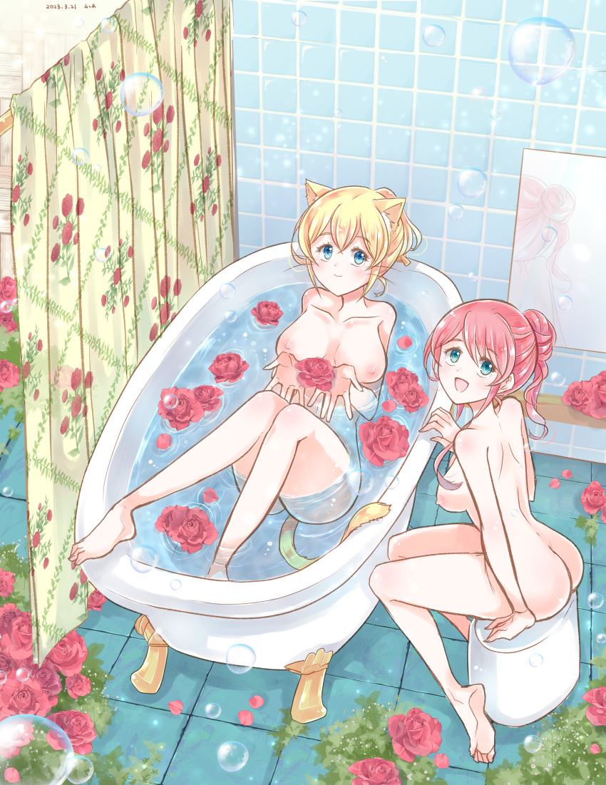 2girls absurdres akua_(bukuma) animal_ears barefoot bath bath_stool blonde_hair breasts bubble cat_ears cat_tail commission completely_nude curtains flower green_eyes hair_bun highres mirror multiple_girls nipples nude open_mouth original pink_hair pixiv_commission red_flower red_rose rose sitting smile stool tail take_your_pick tile_floor tile_wall tiles toes water yuri