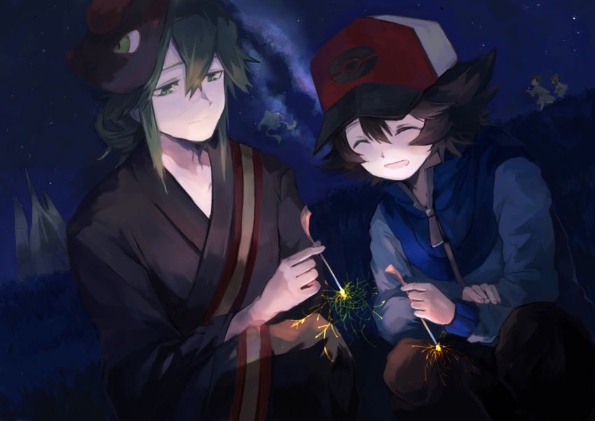 1girl 3boys :d blue_jacket celesteela closed_eyes commentary_request fireworks green_hair hat hilbert_(pokemon) holding_fireworks jacket japanese_clothes jirachi kimono liza_(summer_2023)_(pokemon) looking_down mask mask_on_head multiple_boys n_(pokemon) n_(summer_2022)_(pokemon) night open_mouth outdoors pants pokemon pokemon_(creature) pokemon_(game) pokemon_bw pokemon_masters_ex red_headwear short_hair sky smile sparkler tarai_(yamadarairai) tate_(summer_2023)_(pokemon)