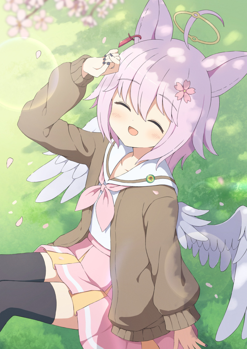 1girl :d ahoge animal_ears black_nails blush brown_cardigan cardigan cherry_blossoms closed_eyes collarbone commission cowboy_shot dappled_sunlight day dot_nose ear_piercing falling_petals feathered_wings flower fox_ears fox_girl from_side grass hair_between_eyes hair_flower hair_ornament halo hand_on_own_head highres knees_up legs_together lens_flare looking_at_viewer low_wings medium_hair miniskirt nail_polish neckerchief open_cardigan open_clothes open_mouth original outdoors petals piercing pink_flower pink_neckerchief pink_skirt pleated_skirt raised_eyebrows sailor_collar school_uniform serafuku shade shirt sidelocks sitting skeb_commission skirt smile solo sunlight tyakomes variant_set white_sailor_collar white_shirt white_wings wings