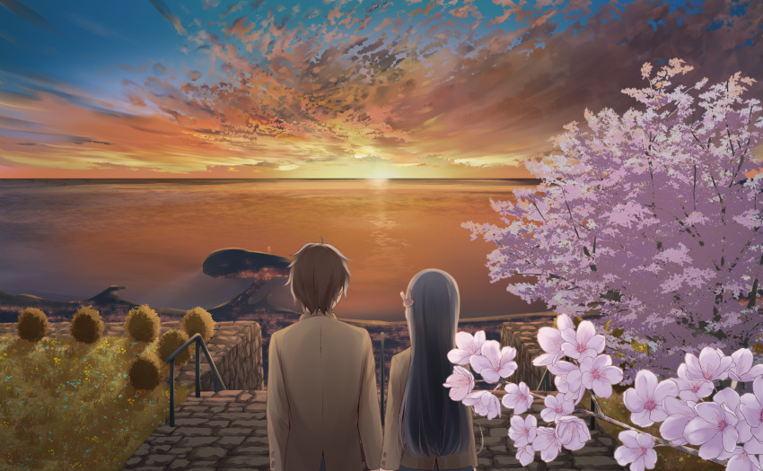 1boy 1girl azusagawa_sakuta black_hair brown_hair brown_jacket cherry_blossoms evening from_behind hair_ornament highres horizon jacket long_hair ocean rabbit_hair_ornament sakurajima_mai scenery seishun_buta_yarou short_hair sky tree yoka_shirakawa