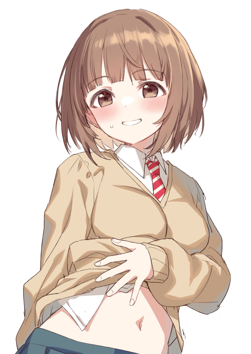 1girl absurdres bangs blunt_bangs blush breasts brown_hair clothes_lift diagonal-striped_necktie grin highres hiraga_matsuri idolmaster idolmaster_cinderella_girls kitami_yuzu looking_at_viewer medium_breasts navel school_uniform shirt_lift simple_background smile solo sweatdrop sweater_vest upper_body white_background