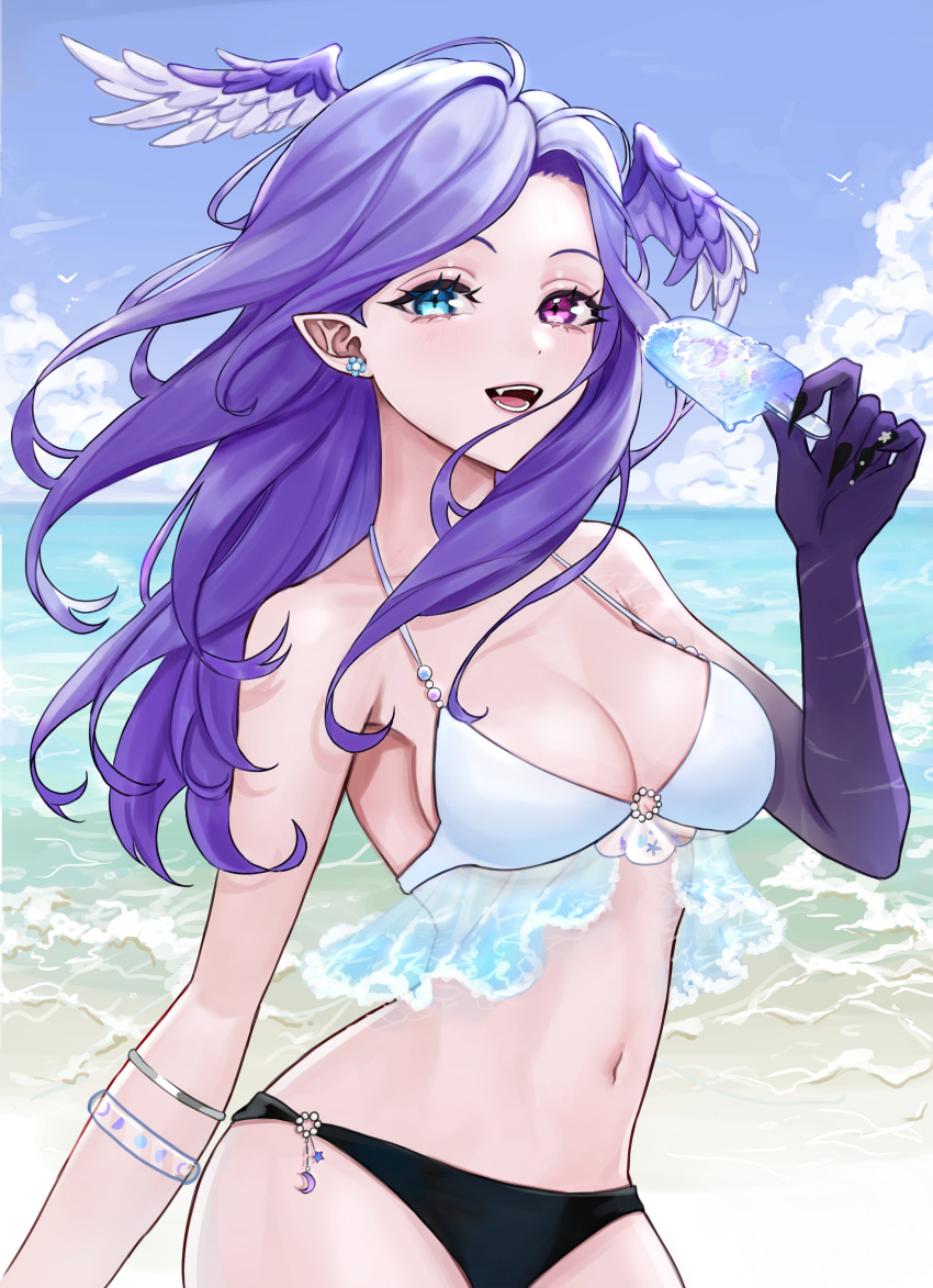 1girl absurdres alternate_costume armlet asymmetrical_arms beach bikini blue_eyes blue_sky blush breasts cleavage cloud cloudy_sky colored_skin commentary cowboy_shot day ear_piercing earrings eyelashes fangs fingernails flower_earrings food gradient_skin halterneck head_wings heterochromia highres holding holding_food jewelry long_hair looking_at_viewer medium_breasts multicolored_skin navel nijisanji nijisanji_en o-ring o-ring_bikini o-ring_top ocean open_mouth outdoors parted_bangs piercing pointy_ears popsicle purple_eyes purple_hair purple_skin selen_tatsuki sharp_fingernails shupami sky smile solo standing stomach swimsuit symbol-only_commentary teeth two-tone_bikini virtual_youtuber white_bikini wind wings