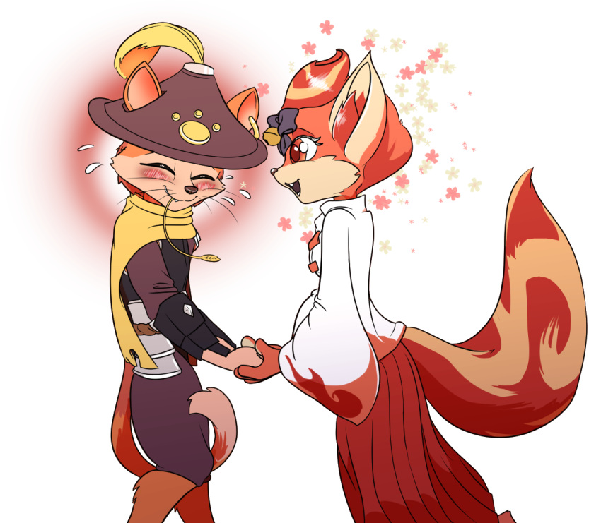 anthro blush canid canine daaberlicious duo female fox gunfire_reborn hand_holding li_(gunfire_reborn) male mammal