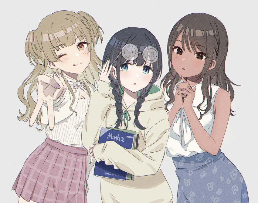 3girls :o absurdres adjusting_eyewear alternate_hair_color bare_shoulders black_hair blonde_hair blue_eyes blue_skirt blunt_bangs blush book braid brown_eyes brown_hair commentary_request cowboy_shot green_nails gyaru_v hair_between_eyes highres holding holding_book hood hoodie idolmaster idolmaster_shiny_colors izumi_mei long_hair looking_at_viewer mayuzumi_fuyuko momomoi_momoi multiple_girls nail_polish neck_ribbon one_eye_closed open_mouth orange_eyes own_hands_together parted_bangs parted_lips pink_skirt pleated_skirt ribbon serizawa_asahi shirt sidelocks simple_background skirt sleeveless sleeveless_shirt smile straylight_(idolmaster) swept_bangs tan tongue tongue_out twin_braids two_side_up v white_background white_shirt yellow_hoodie