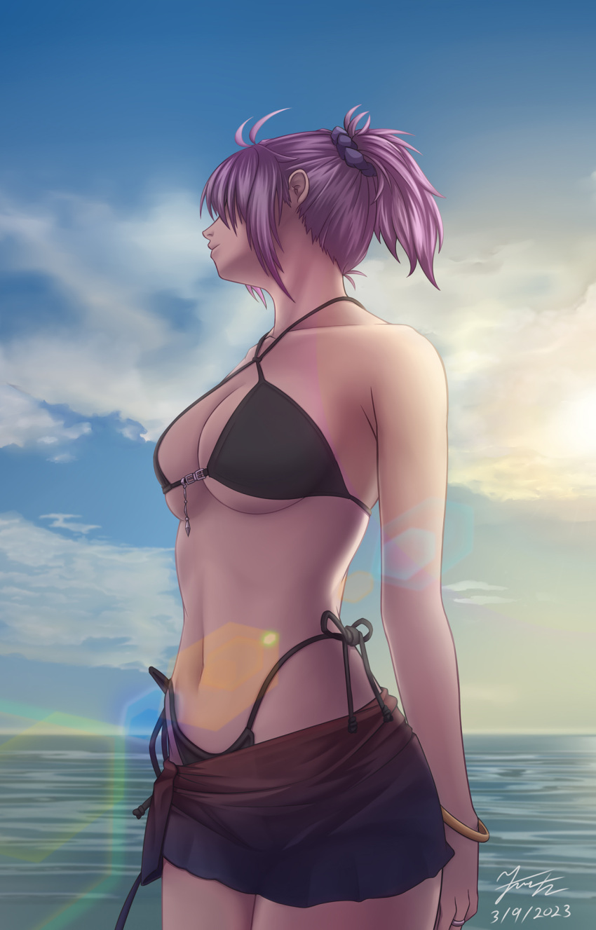 1girl alternate_costume aoba_(kancolle) bikini black_sarong blue_scrunchie blue_sky bracelet breasts cloud cowboy_shot day hair_ornament hair_scrunchie highleg highleg_bikini highres jewelry kantai_collection kkkowy0913 large_breasts navel ocean outdoors ponytail ring sarong scrunchie short_hair short_ponytail side-tie_bikini_bottom sidelocks sky solo standing string_bikini swimsuit wedding_ring