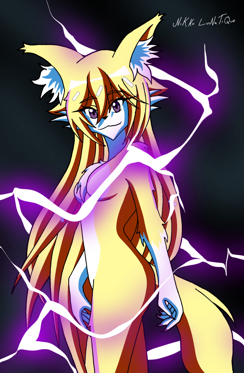 anthro blonde_hair breasts canid canine canis chest_tuft claws dandruff electricity electricity_manipulation elemental_manipulation featureless_breasts female fox fur hair hi_res inner_ear_fluff lightning long_hair looking_at_viewer mammal nikku_lunatique nude ouko_furinji purple_claws purple_eyes smile solo tail tuft white_body white_fur yellow_body yellow_fur