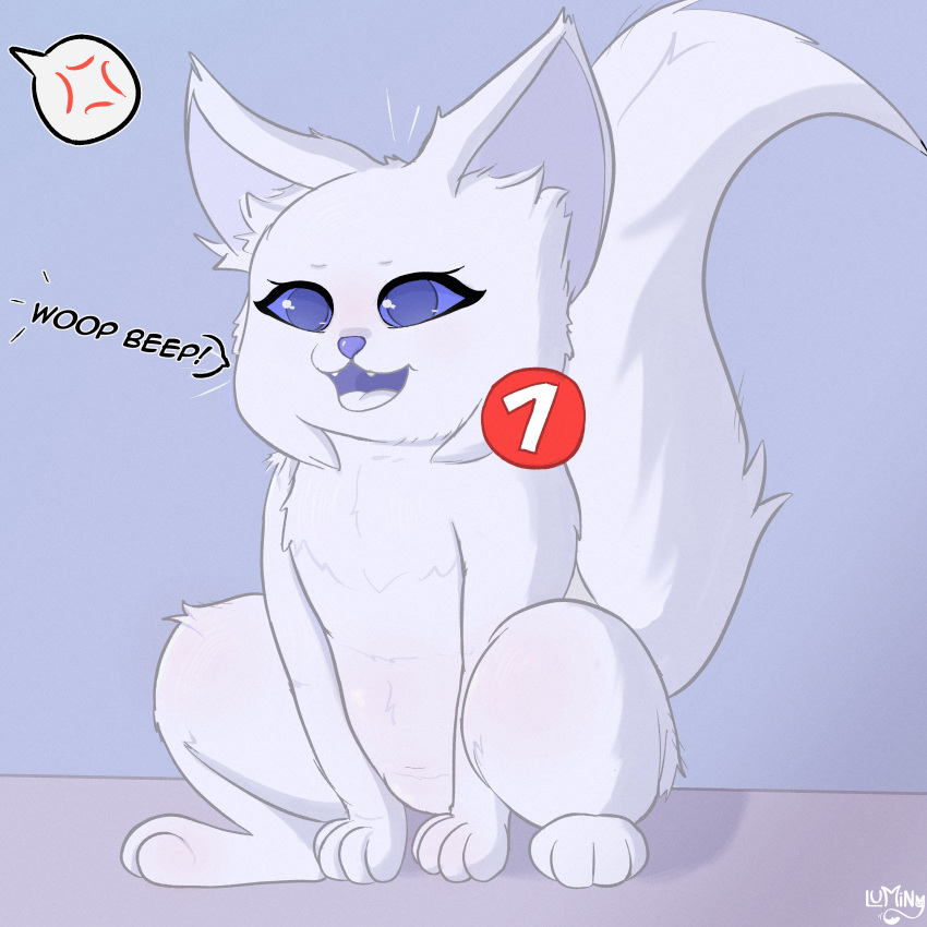 absurd_res blue_eyes digital_media_(artwork) discord_(app) domestic_cat ear_tuft end0609 felid feline felis female feral fluffy fluffy_tail fur glistening glistening_body hi_res mammal sitting solo tail text tuft white_body white_fur