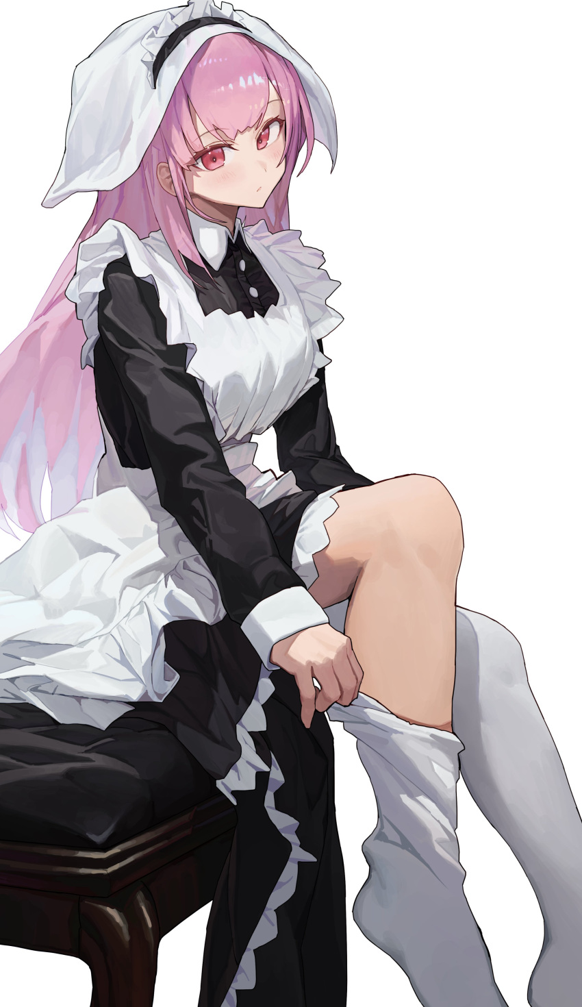 1girl absurdres alternate_costume apron highres hololive hololive_english leggings long_hair looking_at_viewer maid mori_calliope pink_hair putting_on_legwear red_eyes sitting starshell virtual_youtuber white_apron white_background white_leggings