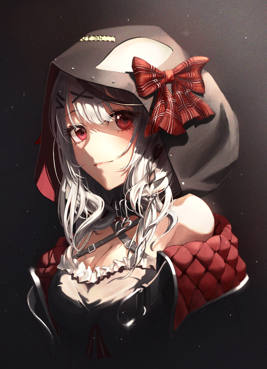 1girl absurdres black_background black_hair bow braid breasts camisole cleavage collar grey_hair hair_ornament hairclip highres hololive hood isolatediev large_breasts light light_particles looking_at_viewer medium_hair multicolored_hair plaid plaid_bow red_eyes sakamata_chloe sakamata_chloe_(1st_costume) streaked_hair virtual_youtuber white_camisole x_hair_ornament