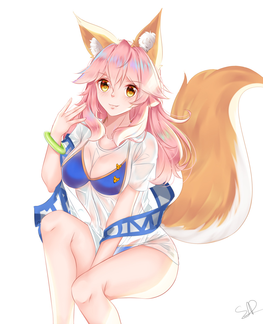 1girl absurdres animal_ear_fluff animal_ears bikini bikini_under_clothes blue_bikini blush breasts cleavage closed_mouth collarbone fang fate/grand_order fate_(series) fox_ears fox_girl fox_print fox_tail highres large_breasts long_hair looking_at_viewer pink_hair sd4869 see-through see-through_shirt shirt side-tie_bikini_bottom signature simple_background solo swimsuit t-shirt tail tamamo_(fate) tamamo_no_mae_(swimsuit_lancer)_(fate) tamamo_no_mae_(swimsuit_lancer)_(second_ascension)_(fate) very_long_hair wet wet_clothes wet_shirt white_background