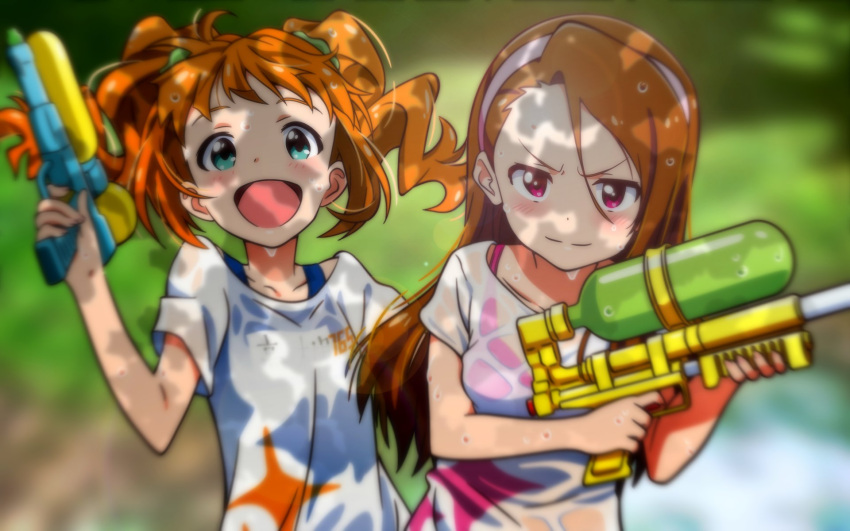 2girls akizuki_ritchan bikini blue_one-piece_swimsuit blurry blurry_background breasts brown_hair collarbone commentary_request day dot_nose green_eyes hair_between_eyes hairband hand_up highres holding holding_water_gun idolmaster idolmaster_(classic) long_hair looking_at_viewer medium_hair minase_iori multiple_girls name_tag one-piece_swimsuit open_mouth orange_hair outdoors pink_bikini pink_eyes pink_hairband print_shirt school_swimsuit shirt short_sleeves sidelocks small_breasts smile swimsuit swimsuit_under_clothes takatsuki_yayoi twintails upper_body v-shaped_eyebrows water_gun wet wet_clothes wet_hair wet_shirt white_shirt