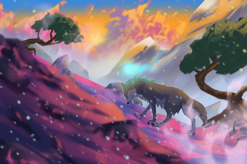 art2023 canid canine canis cloud female feral fog ghost hi_res illustration landscape landscape_background mammal marmenuar montains plant rock siona snow solo spirit sun sunset tree winter wolf