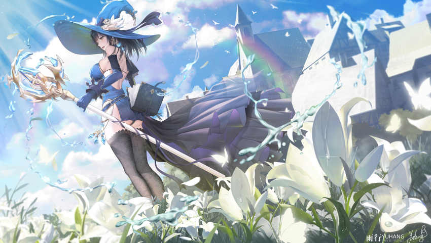 1girl absurdres ass backless_dress backless_outfit black_hair black_panties blue_dress blue_gloves blue_headwear book breasts brown_dust_2 brown_eyes character_request cloud cloudy_sky crystal detached_sleeves dress earrings flower from_behind gloves grimoire hat hat_ornament highres house jewelry lace_thighhighs large_breasts long_hair mage_staff microdress open_mouth panties skindentation sky solo underwear white_flower witch_hat yuxing_yuhang