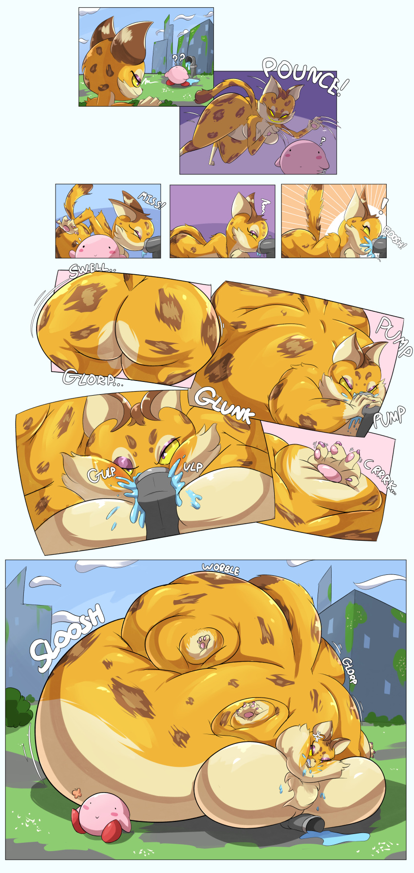 absurd_res anthro belly big_belly big_breasts big_butt blush breasts building butt clawroline comic cross-popping_vein duo felid female fur grass hi_res huge_breasts huge_butt huge_thighs hyper hyper_belly hyper_breasts hyper_butt hyper_thighs inflation kirby kirby_(series) leopard liquid_inflation male mammal multicolored_body multicolored_fur nintendo outside pantherine pink_body plant purple_eyes simple_eyes sound_effects spots spotted_body spotted_fur tan_body tan_fur teeth text thick_thighs veryfilthything water_inflation yellow_body yellow_fur yellow_sclera