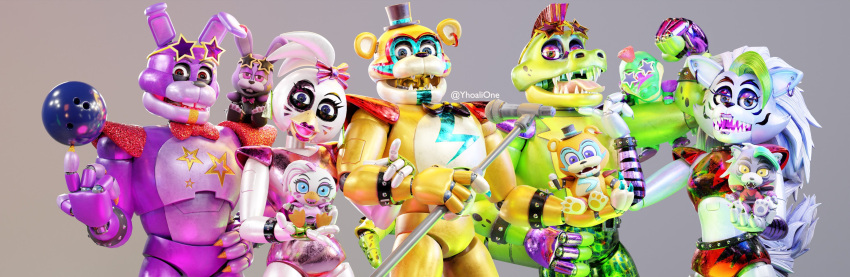 3d_(artwork) absurd_res animatronic anthro bowling_ball bracelet bustersfnaf claws clothing digital_media_(artwork) ear_piercing eyewear fangs female fingerless_gloves five_nights_at_freddy's five_nights_at_freddy's:_security_breach glamrock_bonnie_(fnaf) glamrock_chica_(fnaf) glamrock_freddy_(fnaf) glasses gloves grey_background group handwear hi_res holding_object jewelry looking_at_viewer machine male montgomery_gator_(fnaf) open_mouth piercing plushie robot roxanne_wolf_(fnaf) scottgames simple_background spiked_bracelet spikes steel_wool_studios teeth yhoali_one