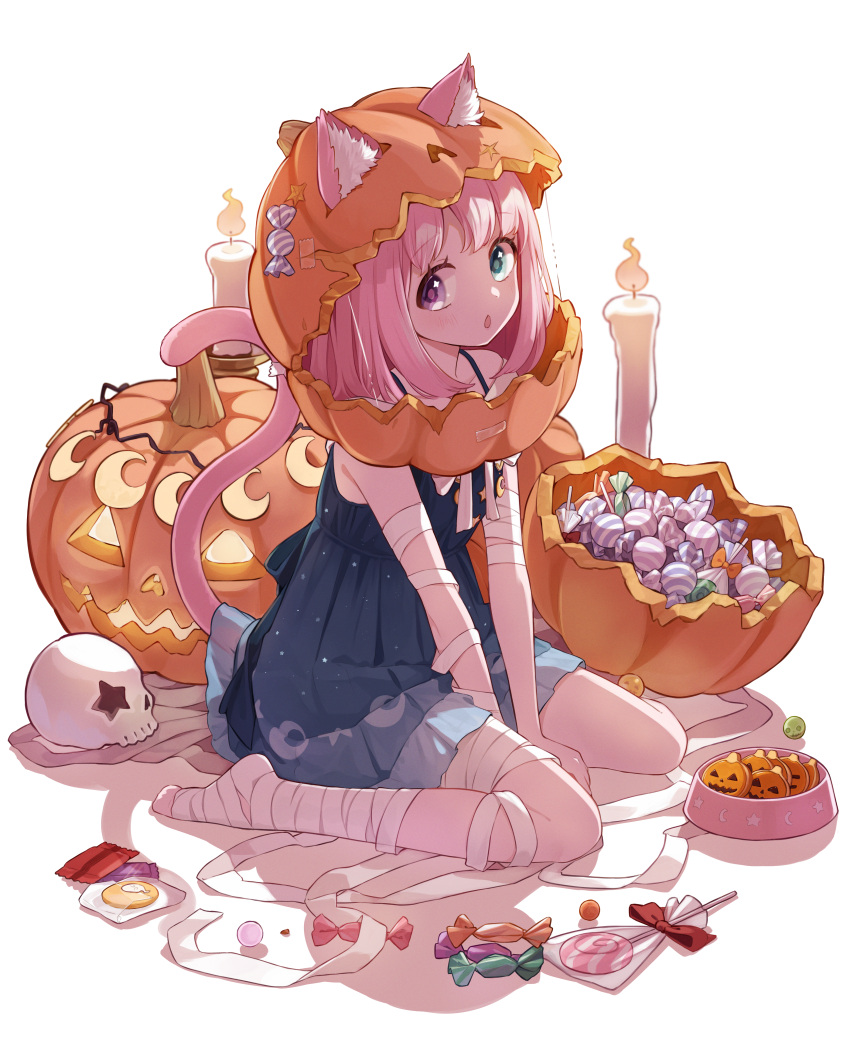 1girl :o absurdres animal_ear_fluff animal_ears bandaged_arm bandaged_leg bandages blue_dress bob_cut bowl candle candy cat_ears cat_girl cat_tail colored_tips dress food from_side green_eyes halloween heterochromia highres himemori_luna himemori_luna_(3rd_costume) hololive jack-o'-lantern jack-o'-lantern_head lifted_by_tail looking_at_viewer medium_hair multicolored_hair mummy_costume no_shoes official_alternate_hair_length official_alternate_hairstyle pet_bowl pink_hair pinkusan pleated_dress print_dress purple_eyes short_dress sideways_glance sitting sleeveless sleeveless_dress solo star_(symbol) star_in_eye symbol_in_eye tail tail_raised virtual_youtuber wariza