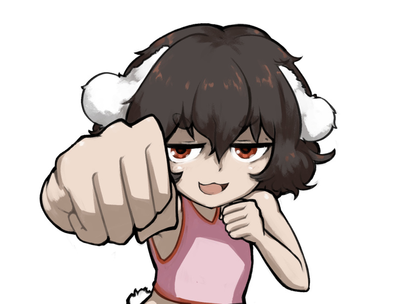 1girl :3 animal_ears brown_eyes brown_hair clenched_hands commentary flat_chest floppy_ears hair_between_eyes highres inaba_tewi incoming_attack incoming_punch long_bangs looking_at_viewer open_mouth pink_tank_top punching rabbit_ears rabbit_girl rabbit_tail short_hair simple_background smile solo tail tank_top thick_eyebrows touhou transparent_background ttzl upper_body v-shaped_eyebrows