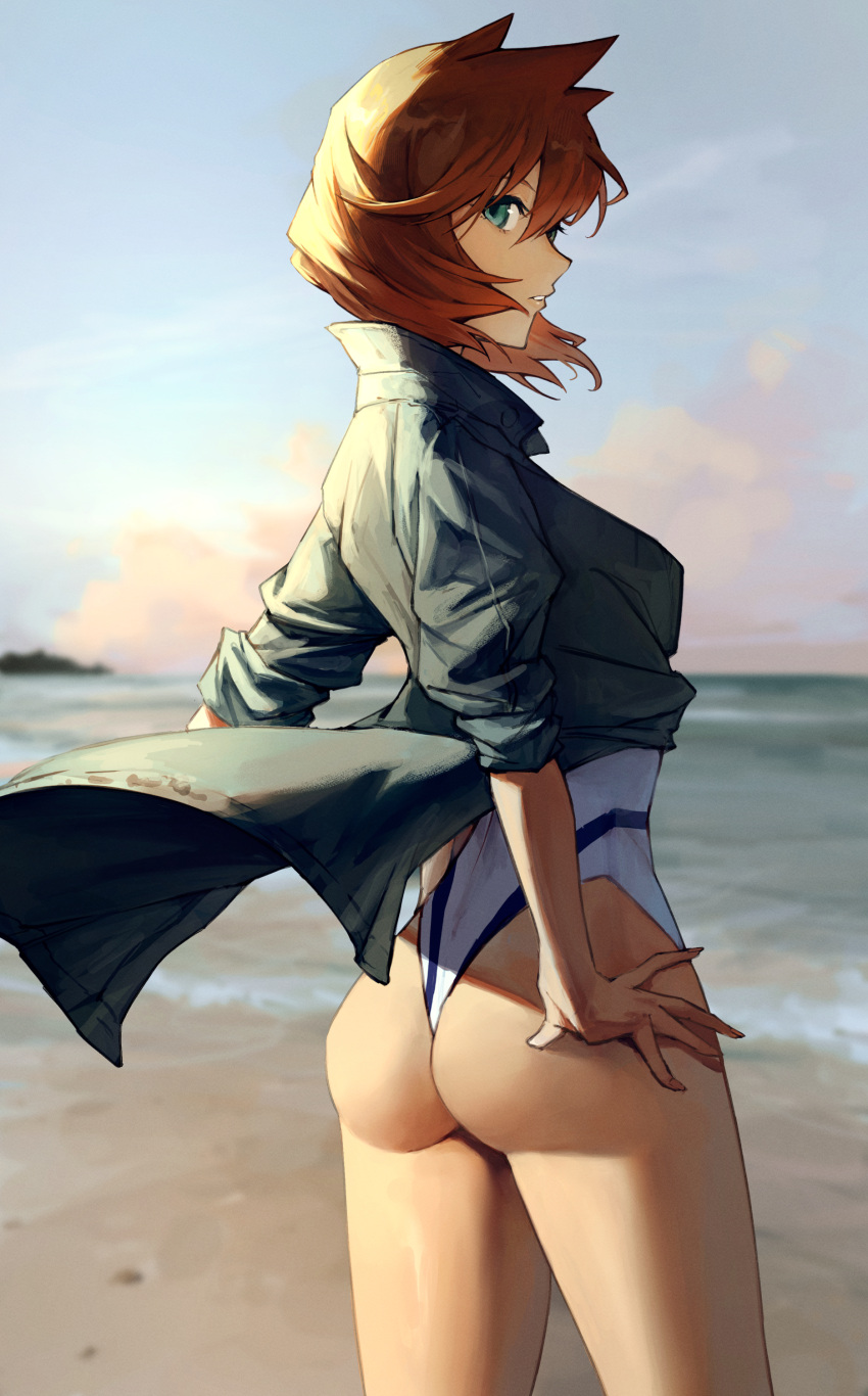 1girl absurdres ass beach blue_eyes blue_jacket cloud commentary_request competition_swimsuit day english_commentary highleg highleg_swimsuit highres jacket looking_at_viewer madoro_q misty_(pokemon) mixed-language_commentary ocean official_alternate_costume one-piece_swimsuit orange_hair outdoors parted_lips pokemon pokemon_(game) pokemon_hgss sand short_hair sky solo swimsuit water white_one-piece_swimsuit