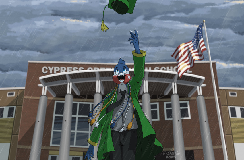 2023 5_fingers anthro artist_logo avian baggy_clothing beak bird black_bottomwear black_clothing black_eyebrows black_necktie black_pants blue_body blue_eyes blue_feathers bottomwear building cheek_markings clothing countershade_face countershade_neck countershading detailed_background eyebrows facial_markings feathers fingers flagpole graduation graduation_cap graduation_robe green_clothing green_topwear grey_clothing grey_clouds grey_topwear grey_vest head_markings head_tuft hi_res logo looking_up low-angle_view male markings mortarboard necktie open_beak open_mouth outside pants pink_tongue raining red_body red_feathers sammfeatblueheart shaded signature solo standing star_(marking) stars_and_stripes throwing_hat tongue topwear tuft united_states_of_america vest white_beak white_body white_feathers