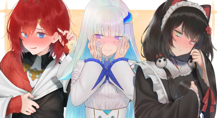 3girls ange_katrina ange_katrina_(1st_costume) black_hair black_kimono blue_eyes blue_hair colored_inner_hair embarrassed frilled_sleeves frills hands_on_own_cheeks hands_on_own_face heterochromia highres inui_toko inui_toko_(1st_costume) japanese_clothes kimono lize_helesta lize_helesta_(1st_costume) long_hair low_twintails maid_headdress multicolored_hair multiple_girls nijisanji purple_eyes red_eyes red_hair rushian sanbaka_(nijisanji) short_hair twintails white_hair yellow_eyes