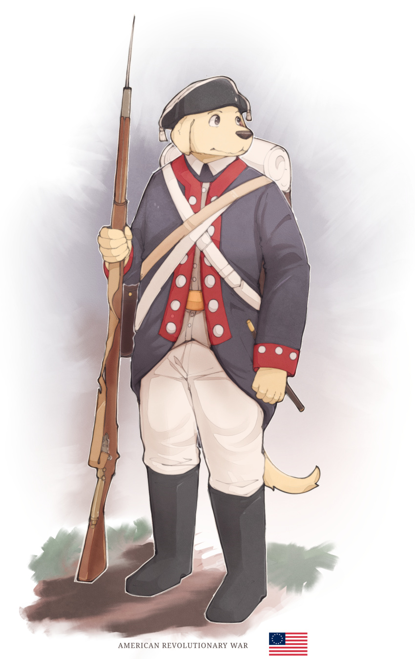 1700s absurd_res anthro backpack beastars boots clothed clothing footwear grass gun hi_res jack_(beastars) male mitchthegoat musket musketeer napoleonic plant ranged_weapon solo uniform united_states_of_america weapon
