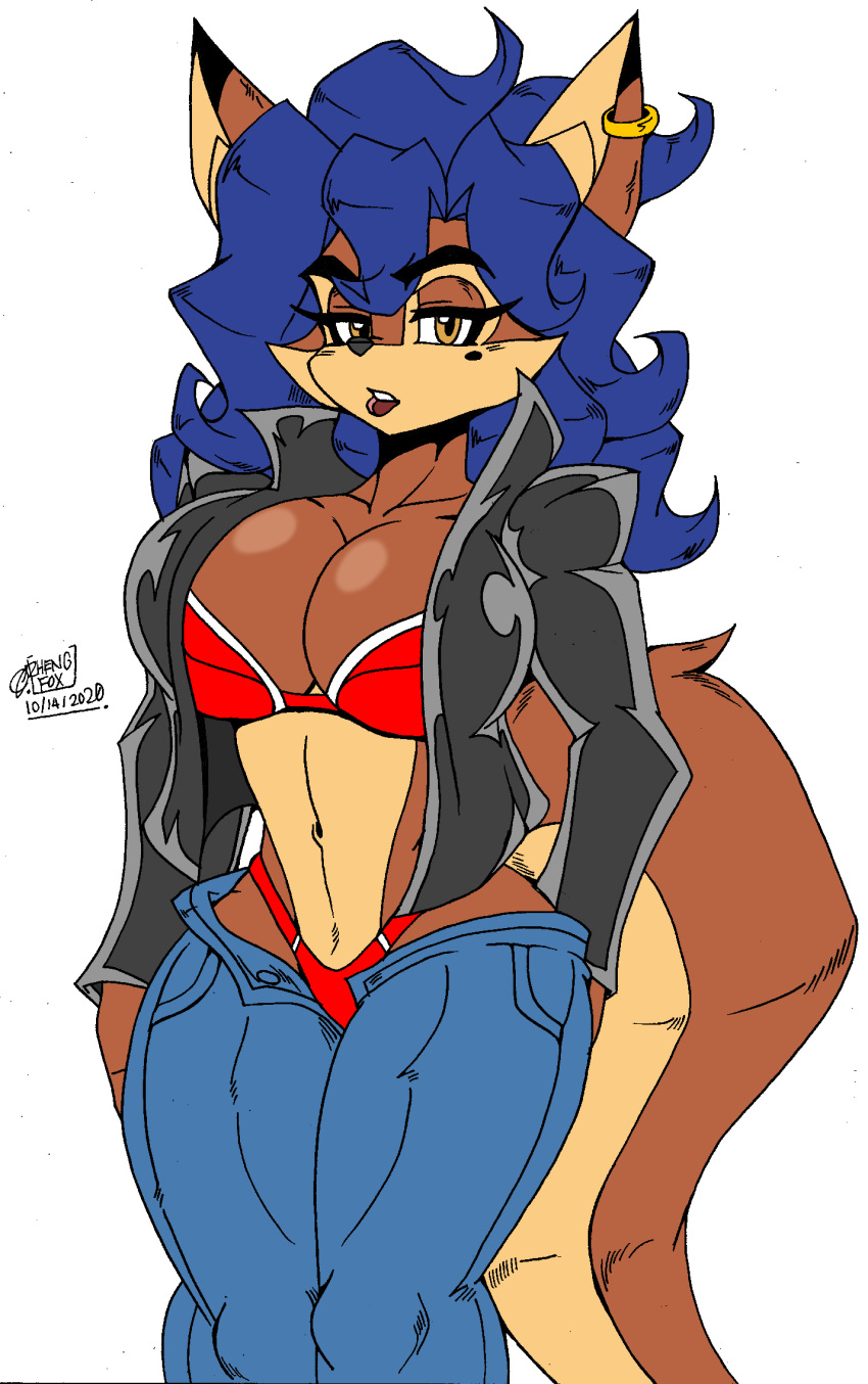 2020 alternate_costume anthro artist_name beauty_mark big_breasts blue_hair bottomwear bra breasts brown_body brown_eyes canid canine carmelita_fox cleavage clothed clothing curvy_figure denim denim_clothing ear_piercing ear_ring female fox glistening glistening_breasts hair hand_on_hip hi_res jacket jeans jewelry lipstick long_hair looking_at_viewer makeup mammal markings midriff mole_(marking) mole_under_eye navel open_bottomwear open_clothing open_pants open_topwear panties pants piercing red_bra red_clothing red_lipstick red_panties red_underwear ring_piercing signature sly_cooper_(series) solo sony_corporation sony_interactive_entertainment sucker_punch_productions tail thick_thighs topwear unbuttoned unbuttoned_pants underwear visible_underwear voluptuous wide_hips zhengfox