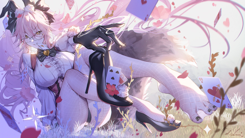 absurdres animal_ear_fluff animal_ears barefoot between_toes black_bow black_gloves bow breasts buttons card coattails corset fate/grand_order fate_(series) fox_girl fox_tail glasses gloves grass high_heels highres koyanskaya_(assassin)_(second_ascension)_(fate) koyanskaya_(fate) kurisuillu large_breasts mouth_hold pantyhose petals pink_hair playing_card rabbit_ears rose_petals single_barefoot smile tail tamamo_(fate) teeth_hold toes underbust white_pantyhose yellow_eyes