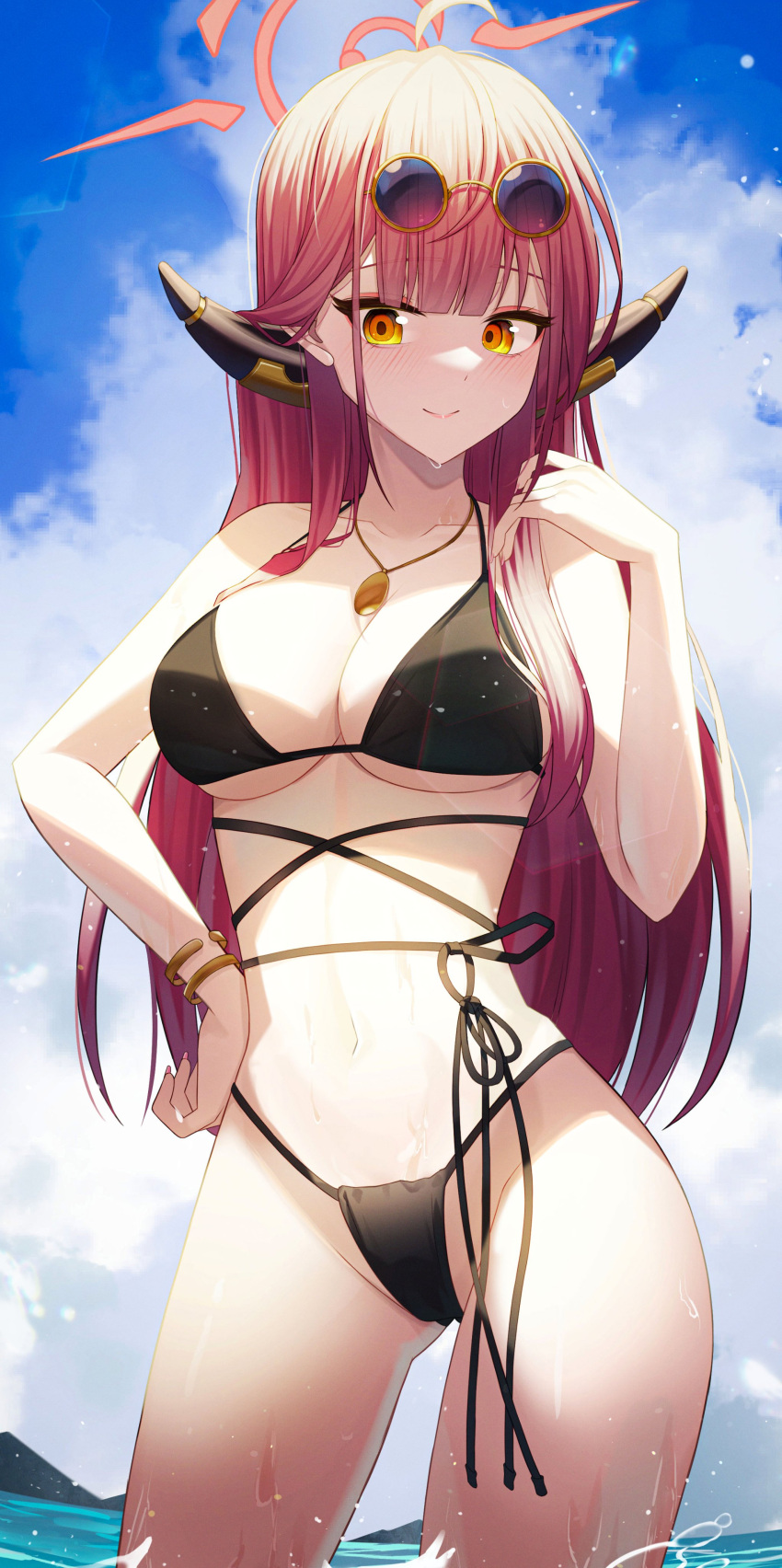 1girl absurdres aru_(blue_archive) bikini black_bikini blue_archive blunt_bangs breasts commentary demon_horns eyewear_on_head halo hidel highres horns in_water jewelry large_breasts long_hair multi-strapped_bikini necklace outdoors pink_hair sky solo sunglasses swimsuit yellow_eyes
