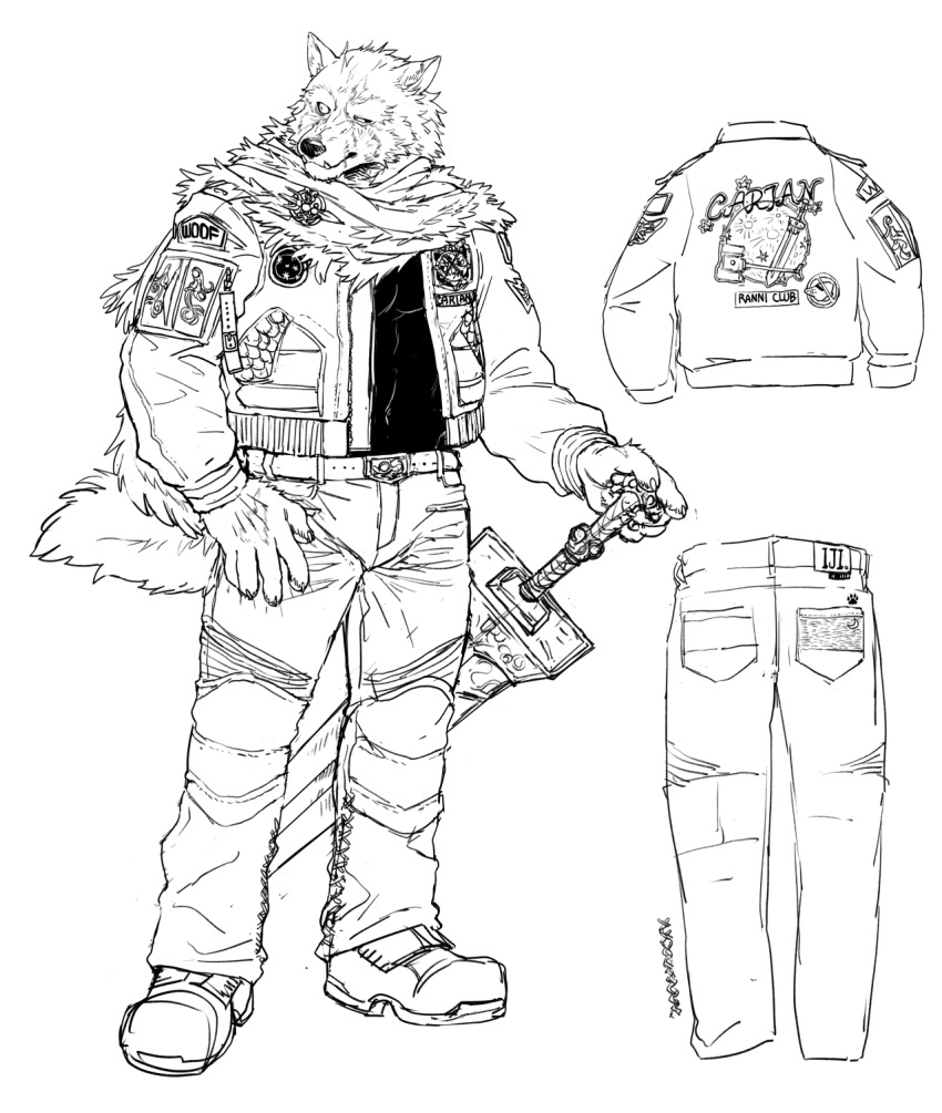 anthro beau_555 blaidd_(elden_ring) boots bottomwear brooch canid canine canis clothing denim denim_clothing elden_ring fangs footwear fromsoftware hi_res jacket jeans male mammal melee_weapon pants scarf solo sword teeth topwear weapon wolf