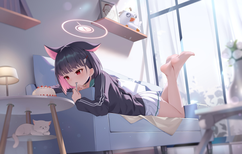 1girl animal_ears arona's_sensei_doodle_(blue_archive) barefoot bingchuan_xian_yu_huang black_choker black_hair blue_archive cake cat choker colored_inner_hair couch crossed_ankles eating extra_ears feet_up food full_body hair_ornament halo highres holding indoors kazusa_(blue_archive) long_sleeves lying medium_hair miniskirt multicolored_hair on_couch on_stomach pink_hair pleated_skirt sensei_(blue_archive) skirt solo stuffed_animal stuffed_bird stuffed_toy the_pose utensil_in_mouth