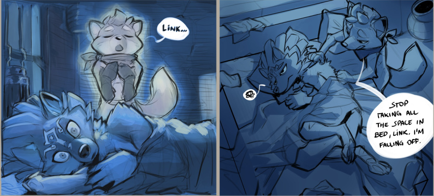 annoyed_expression anthro bed bed_covers bedding blue_glow boxers_(clothing) canid canine canis cheek_tuft claws clothing dialogue digitigrade duo elranno english_text eyes_closed facial_tuft finger_claws fox furniture head_tuft hi_res inside kerchief kerchief_only light link_(wolf_form) lying male mammal moonlight mostly_nude neckerchief neckerchief_only nintendo on_side pillow ruin_seeker shaded shadow speech_bubble text the_legend_of_zelda tuft tunic_(video_game) underwear wolf