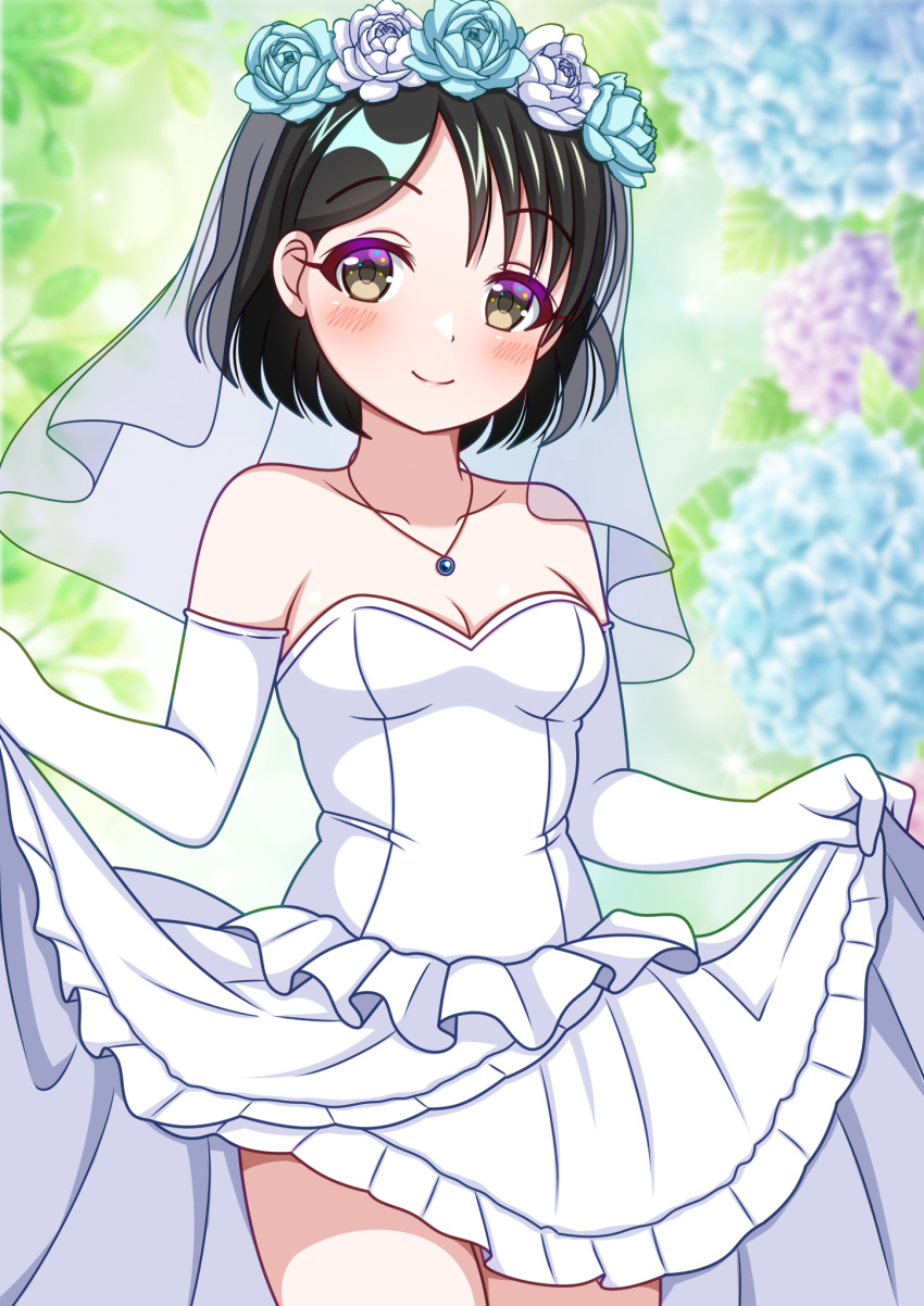 1girl black_hair blue_flower blue_rose blush breasts clothes_lift collarbone dress dress_lift elbow_gloves flower gloves head_wreath highres hydrangea idolmaster idolmaster_cinderella_girls jewelry looking_at_viewer necklace oorai_(asdathrtuj) purple_flower rose sasaki_chie short_hair small_breasts smile solo veil wedding_dress white_dress white_flower white_rose