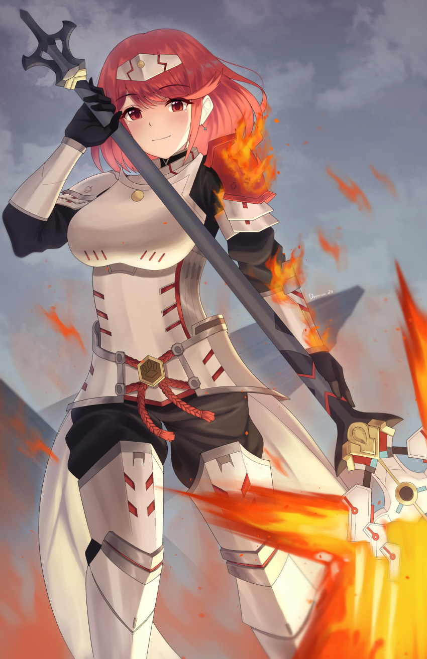 1girl armor armored_boots boots breastplate breasts cammuravi_(xenoblade) cammuravi_(xenoblade)_(cosplay) closed_mouth cloud cloudy_sky cosplay day doiparuni fire flaming_weapon headpiece highres holding holding_polearm holding_weapon large_breasts looking_at_viewer outdoors polearm pyra_(xenoblade) red_eyes red_hair sky solo spear weapon xenoblade_chronicles_(series) xenoblade_chronicles_2 xenoblade_chronicles_3