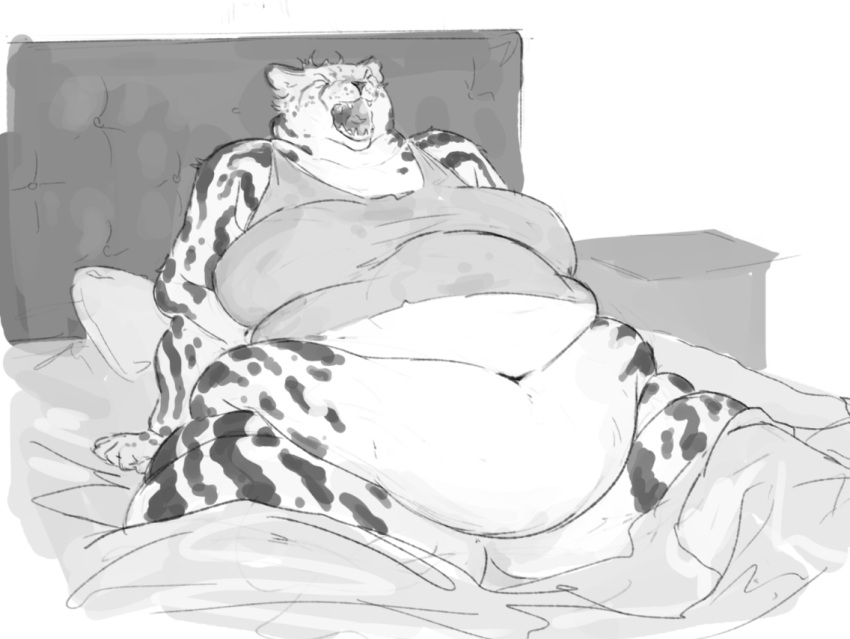 2022 anthro bed bed_sheet bedding bedroom belly big_belly black_and_white bottomless cettus cheetah clothed clothing eyes_closed felid feline female furniture mammal monochrome morbidly_obese morbidly_obese_anthro morbidly_obese_female navel obese obese_anthro obese_female open_mouth overweight overweight_anthro overweight_female partially_clothed pillow shirt solo striped_body stripes tank_top teeth topwear waking_up yawn
